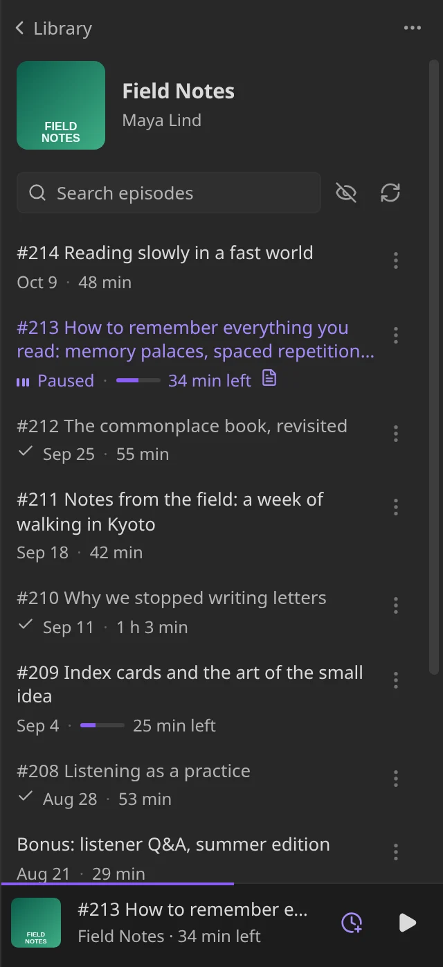 A podcast’s page with its artwork, the episode search field, and a list of episodes, one of them paused at 34 minutes left, above the mini player