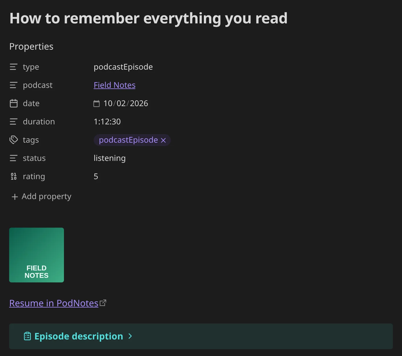 An episode note made with this template, with its properties, artwork, and a Resume in PodNotes link