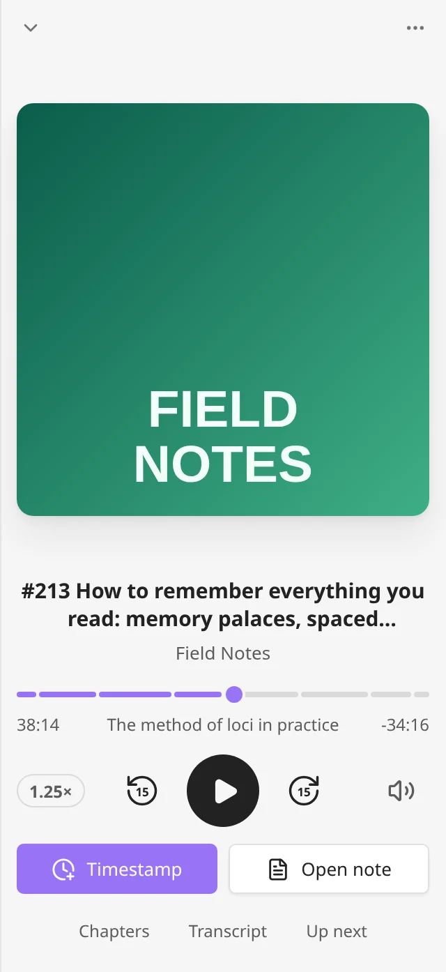 The full player in the sidebar: artwork, title, a progress bar split into chapters, playback controls, Timestamp and Open note, and the panel buttons